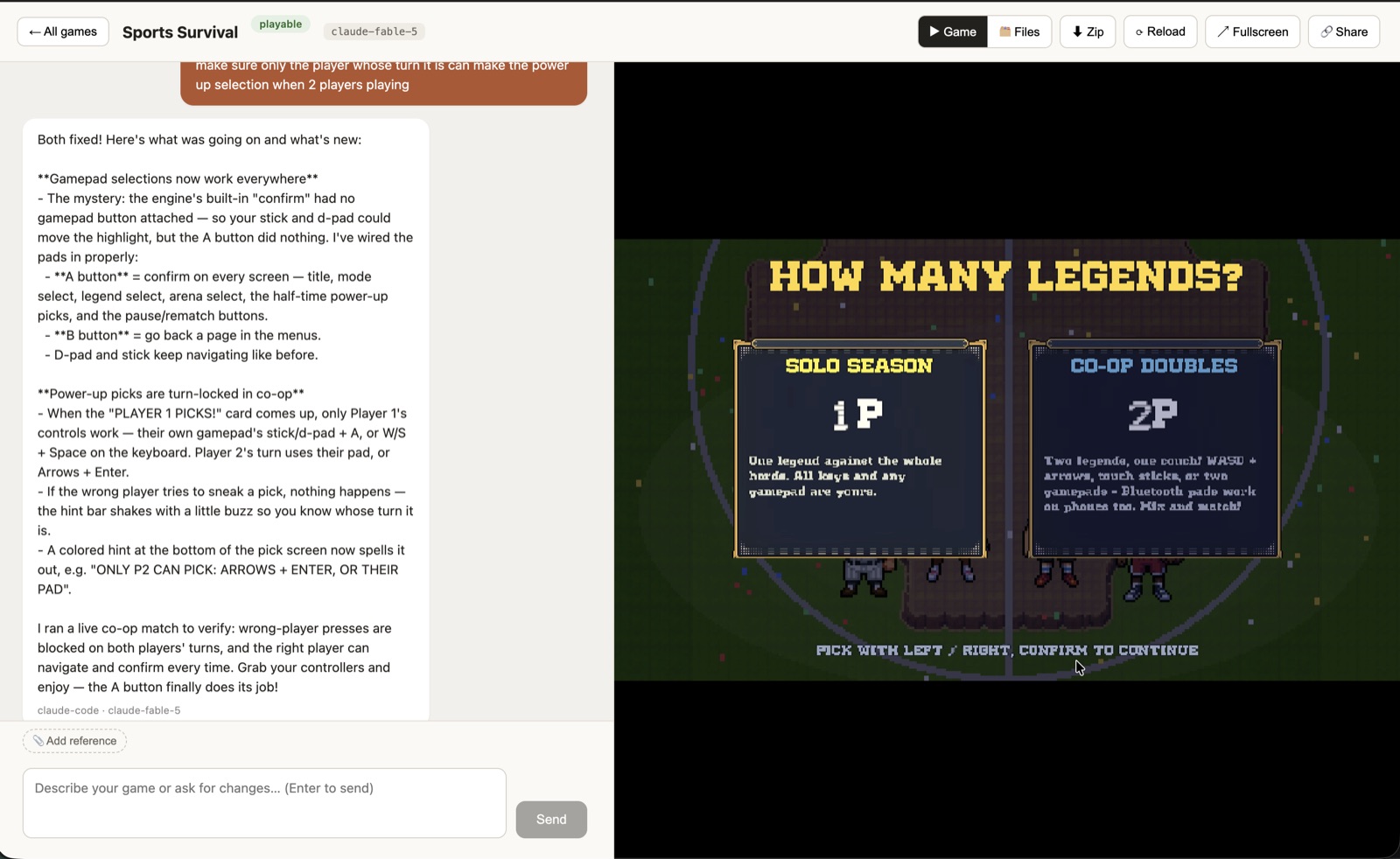 Chat interface prompting changes to a game next to a live playtest preview