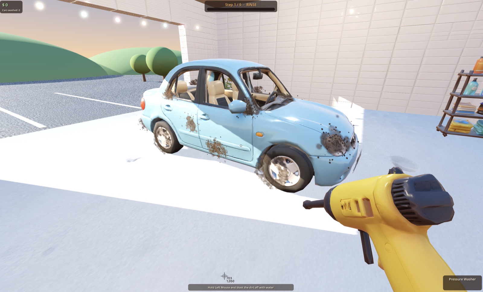 First-person car wash simulator gameplay