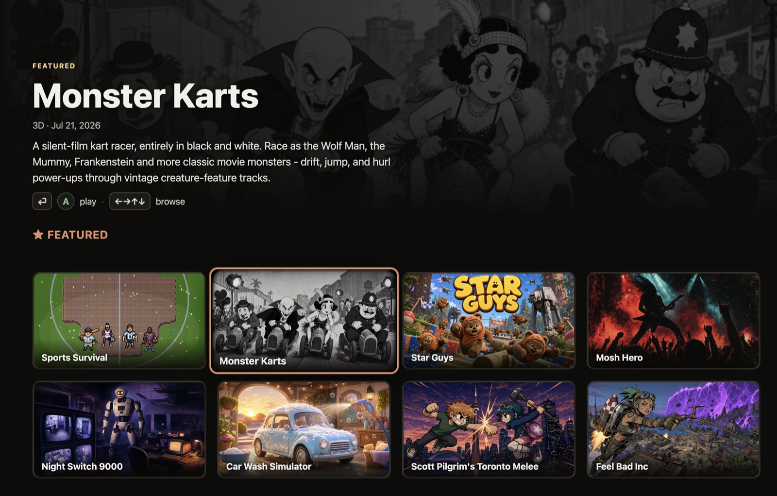 Game library launcher with a featured Monster Karts title and rows of generated games