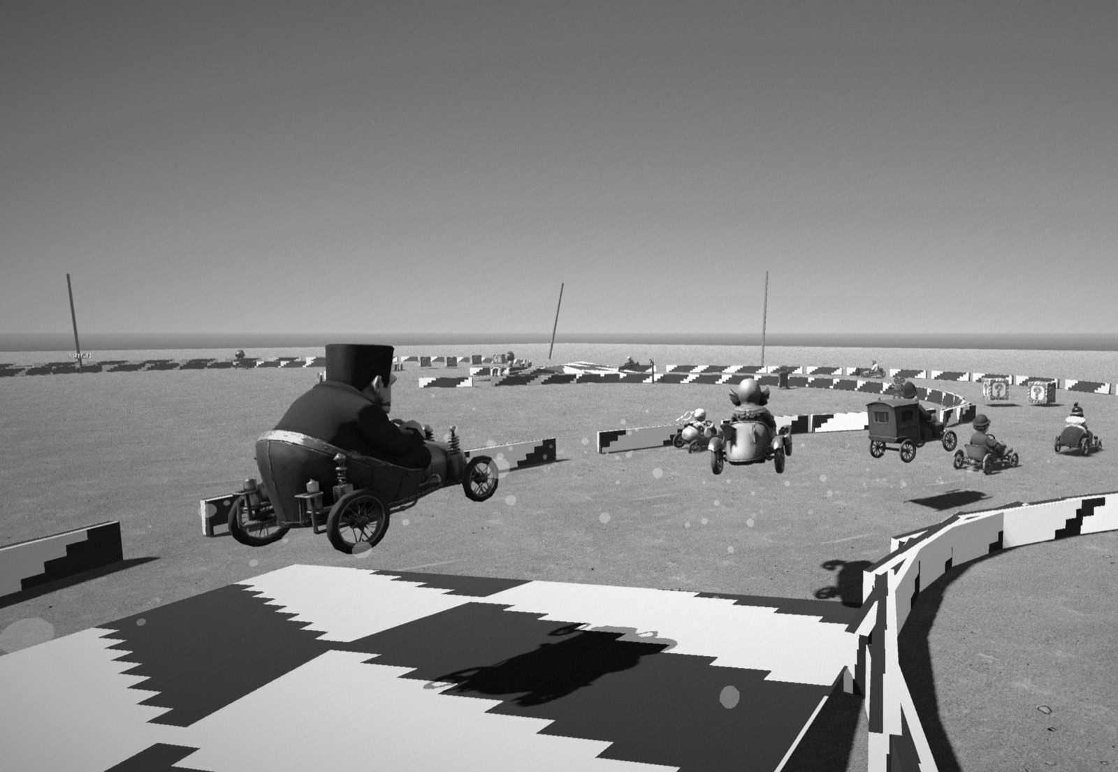 Black-and-white silent-film kart racer gameplay with classic movie monsters