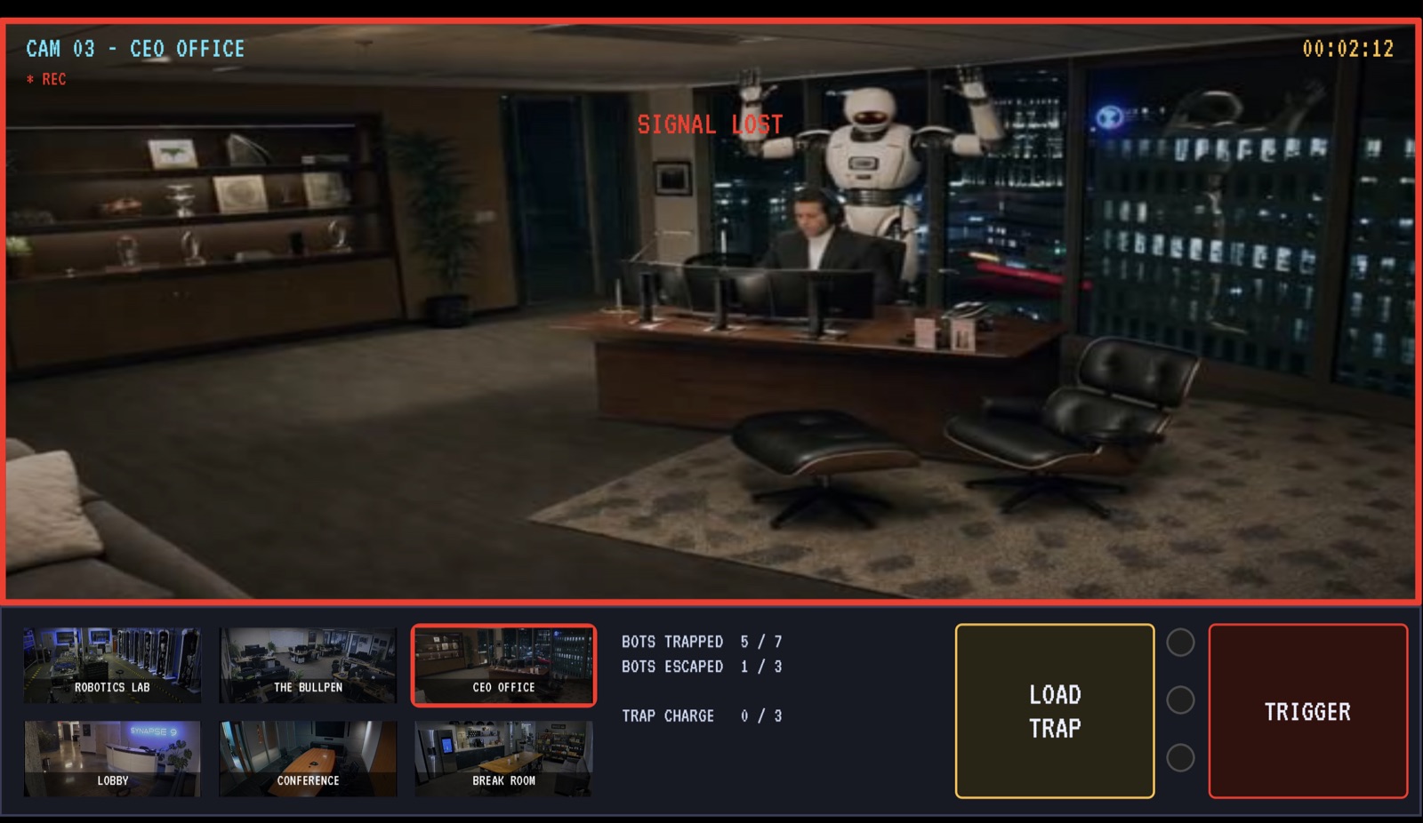 FMV security-camera game with live-action footage of a robot in a CEO office