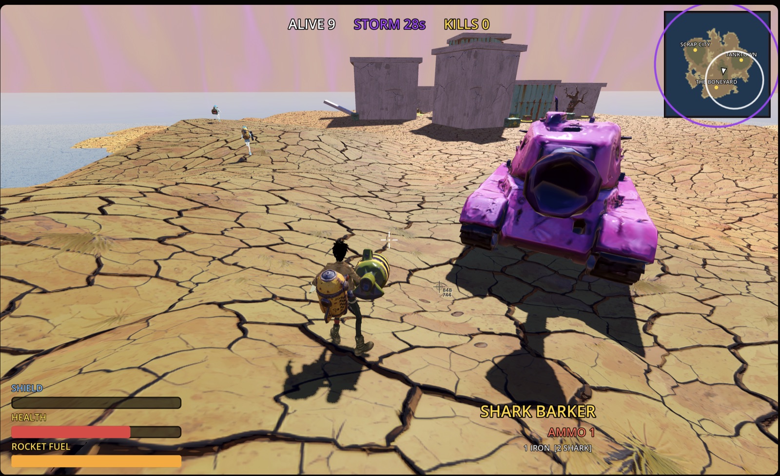 Third-person battle royale on a cracked desert island with a pink tank